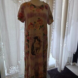 Magnolia Pearl Maxi Dress Embroidered Cats Birds Flowers Womens One Size